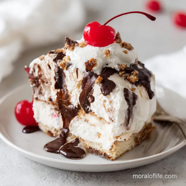 A slice of ice cream cake reveals colorful layers and a crumbly chocolate middle on a white plate.
