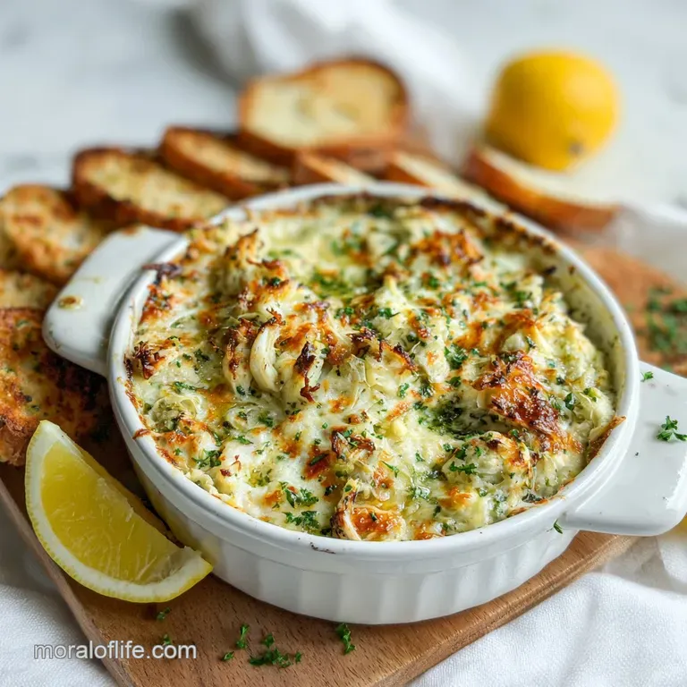 Creamy crab and artichoke dip in a ramekin, garnished with parsley, alongside golden toasted bread slices.