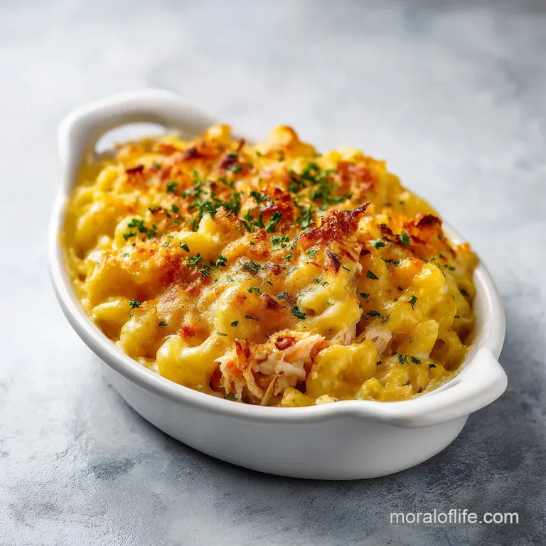 Elegant portion of crab mac and cheese in a white bowl, topped with fresh herbs and a sprinkle of breadcrumbs.