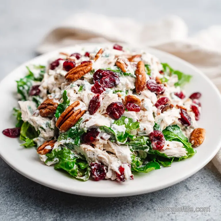 Diced chicken mixed with vibrant red berries and golden pecans served on a crisp bed of green leaf lettuce.