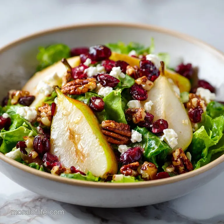 Elegant platter of crisp autumn greens topped with thin pear slices, toasted walnuts, and vibrant pomegranate seeds.