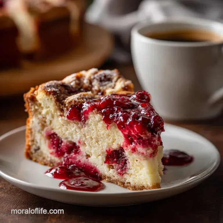 A slice of moist coffee cake on a white plate; a dollop of creamy yogurt and glistening cranberry sauce cascade over it.