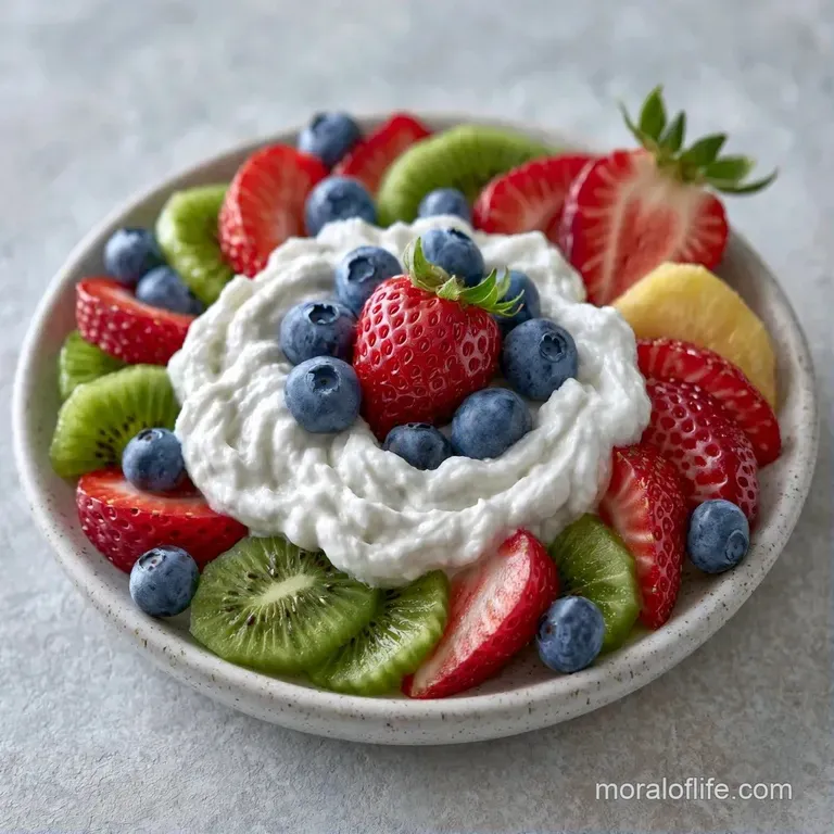 Elegant white bowl of smooth dip surrounded by a vibrant circle of sliced kiwi, pineapple, and red strawberries