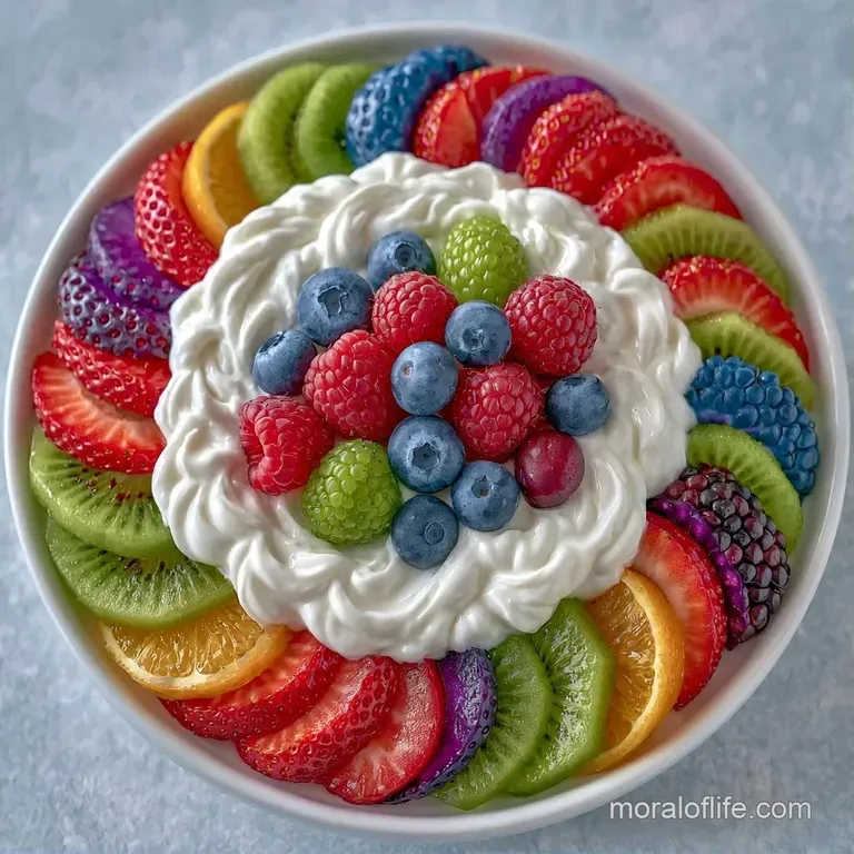 Elegant white platter featuring smooth white dip centered among vibrant red strawberries and crisp green grapes.