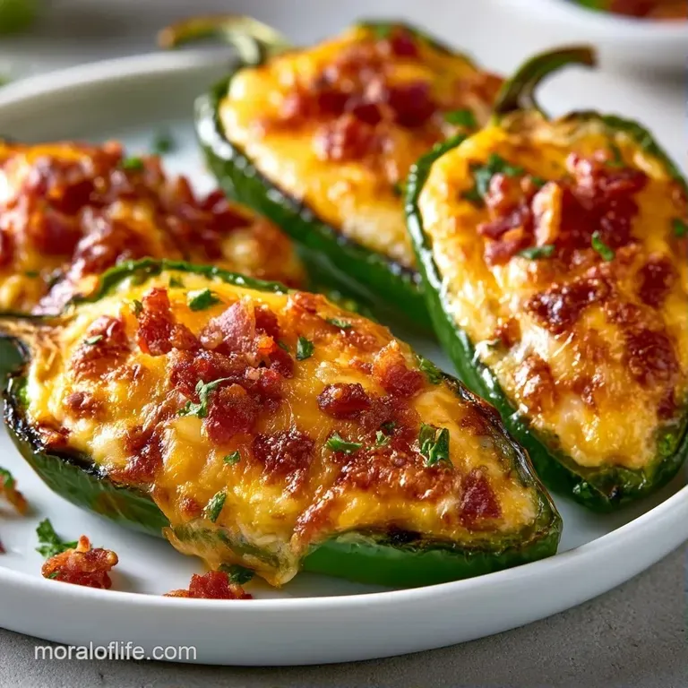 Vibrant green peppers filled with melted white cheese and wrapped in glistening bacon on a white ceramic plate.