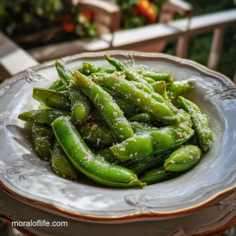 Elegant portion of vibrant green creamed peas, mounded high and garnished with fresh herbs in a bright white bowl. A comfo...