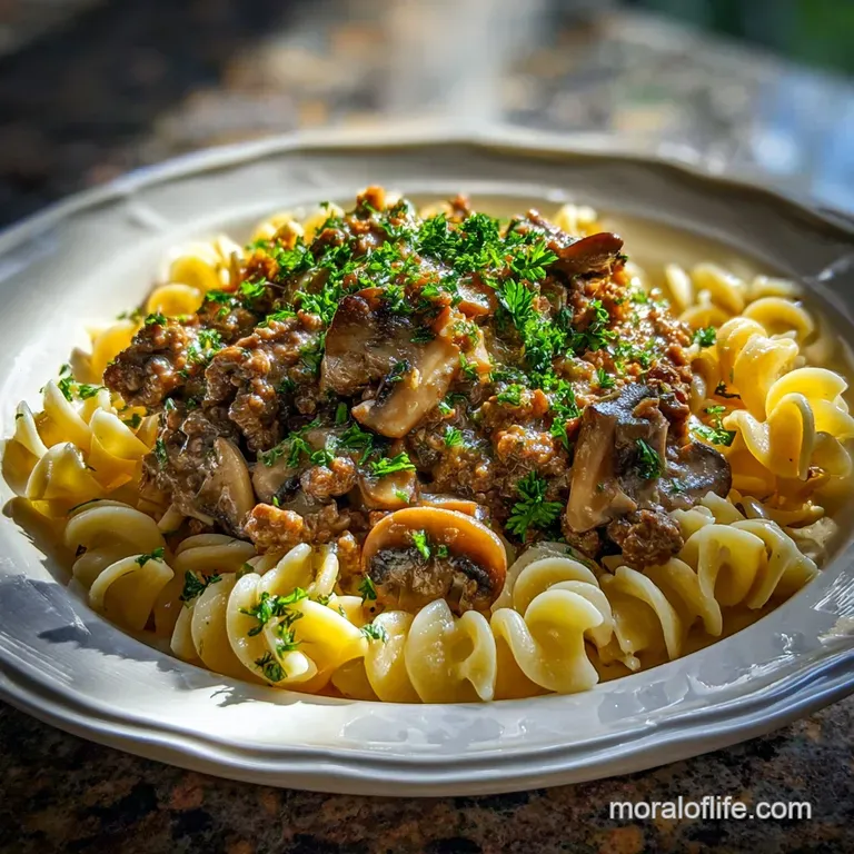 Plated stroganoff: rich sauce clinging to the noodles, tender beef, dollop of sour cream, vibrant green parsley garnish.