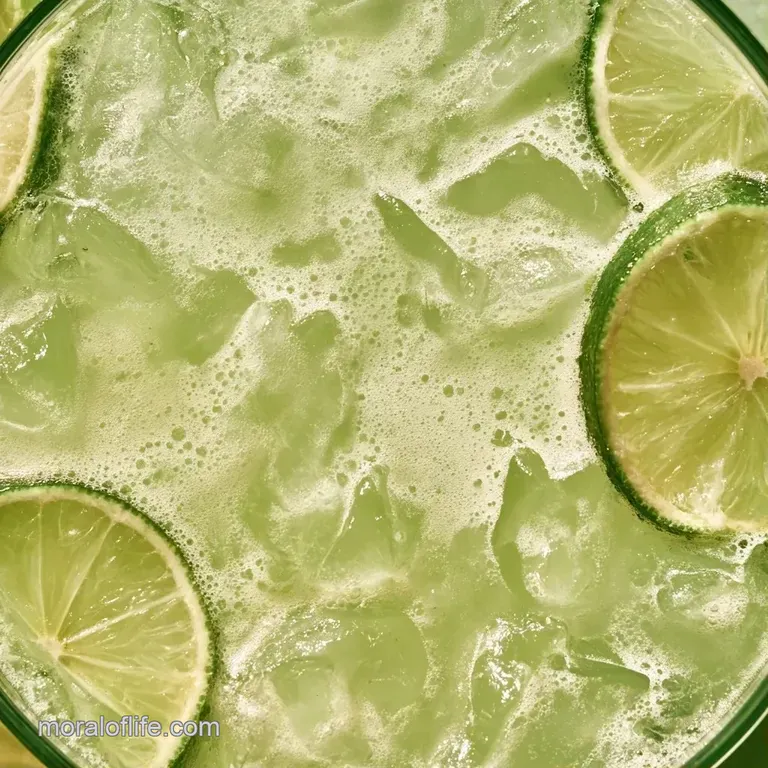 A tall, frosted glass of creamy white citrus drink with floating ice cubes and a fresh lemon slice on marble.