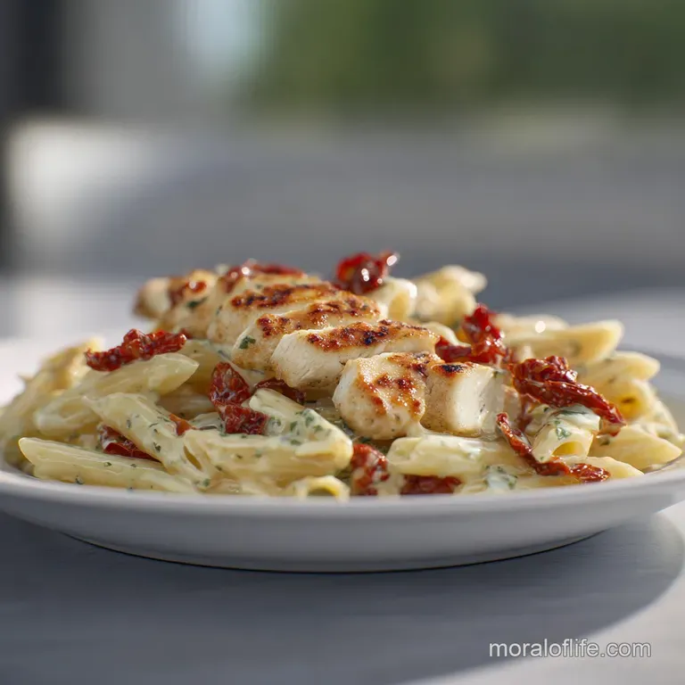 Artfully plated pasta with melted mozzarella and golden chicken in a matte bowl on a light grey marble surface.