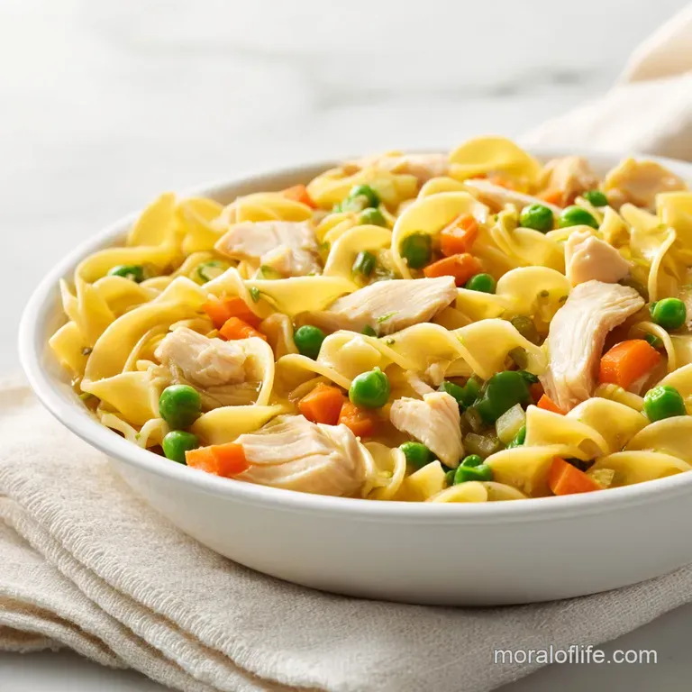 A generous scoop of creamy chicken and noodles in a white ceramic bowl, topped with bubbly, melted gold cheese.