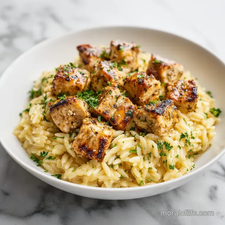 Elegant plating of creamy rice-shaped pasta with seared golden chicken and a garnish of fresh, bright green herbs.