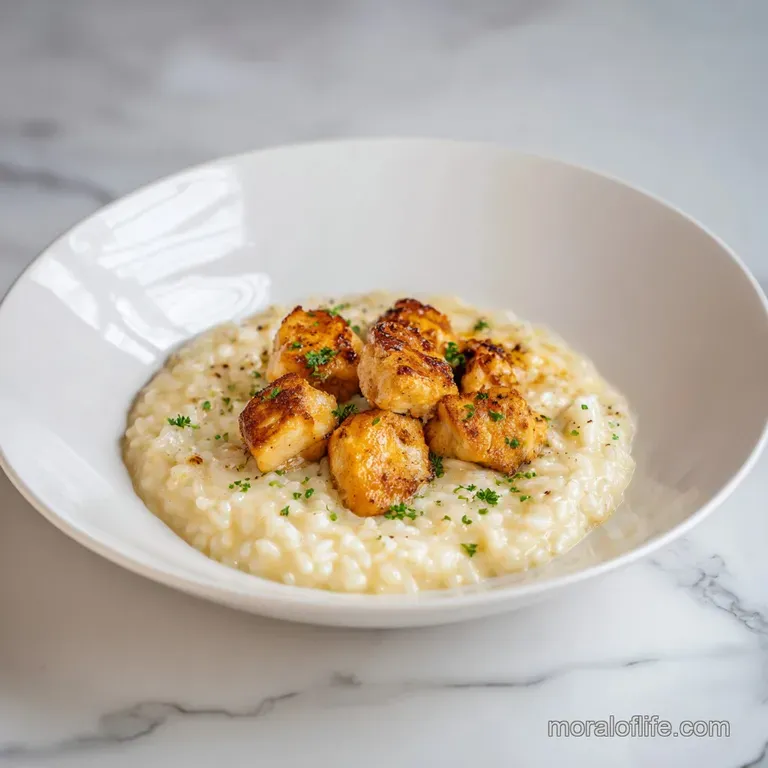 A shallow white plate of velvety rice topped with golden chicken breast and a delicate sprig of fresh parsley.