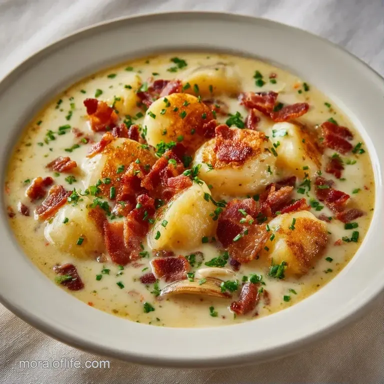 A steaming bowl of thick white seafood stew paired with toasted sourdough bread on a rustic linen tablecloth.