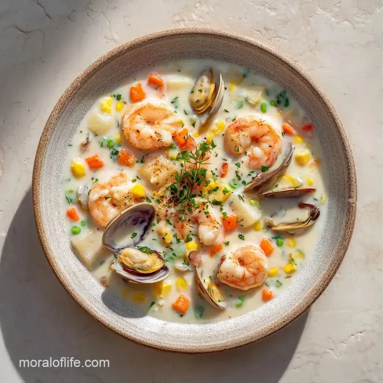 A creamy white soup served in a wide ceramic bowl, garnished with bright herbs and a side of crusty toasted sourdough.