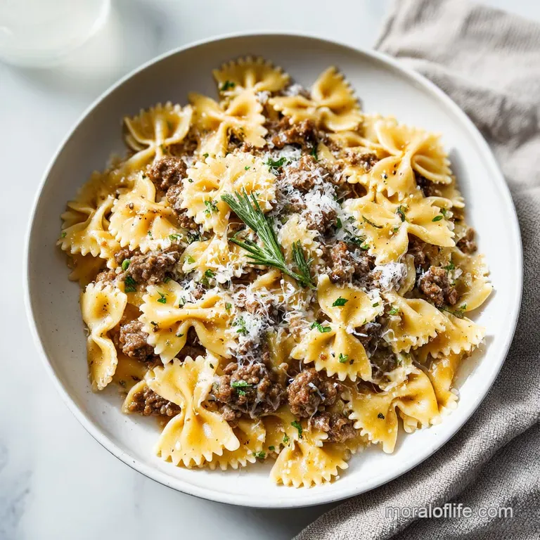 Elegant plate of parmesan garlic pasta featuring tender beef, creamy sauce pooling at the base, and vibrant green garnish.