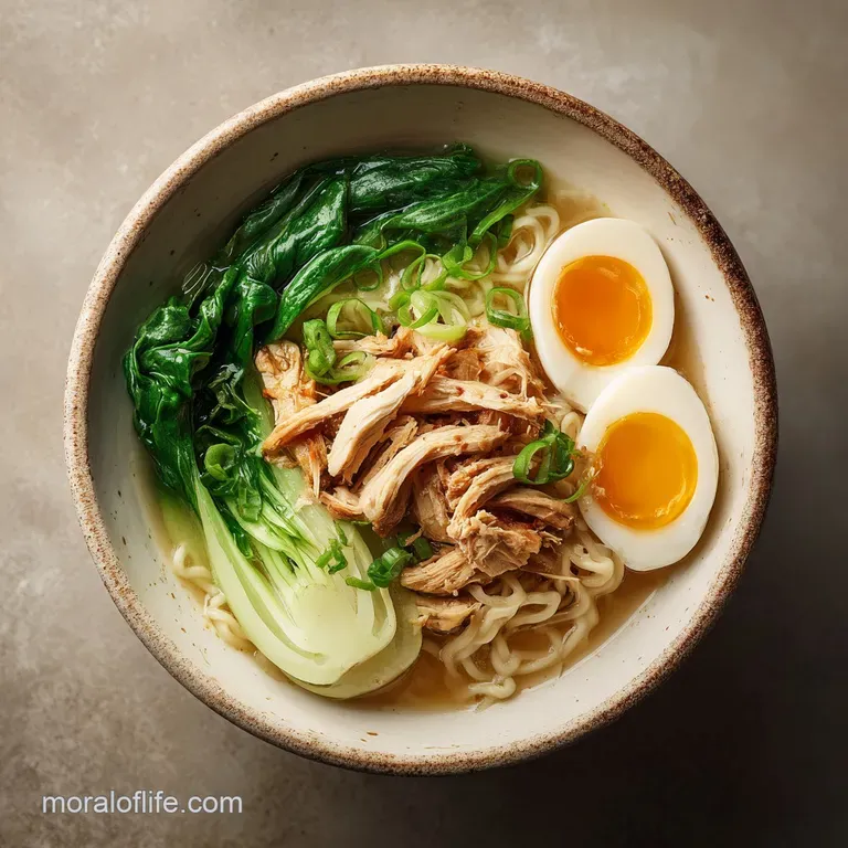 Elegant ramen bowl featuring glistening noodles, juicy chicken, and a perfectly soft-boiled egg in a savory, opaque broth.