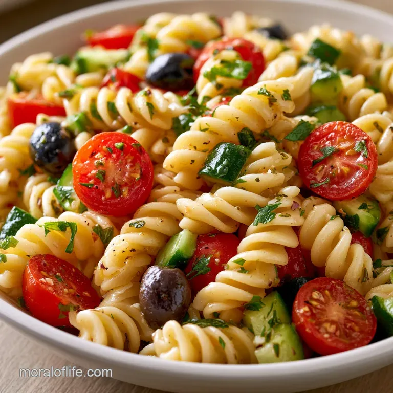 A white ceramic bowl filled with colorful pasta, diced cucumbers, and red onions topped with fresh parsley sprigs.