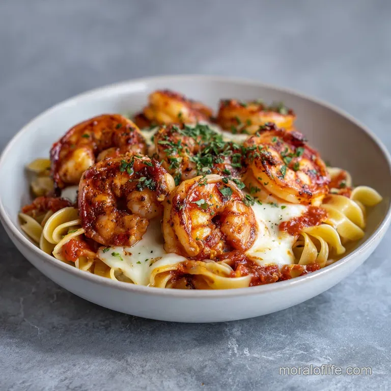 A shallow white bowl of pasta with melted mozzarella and pink shrimp, garnished with fresh green parsley.