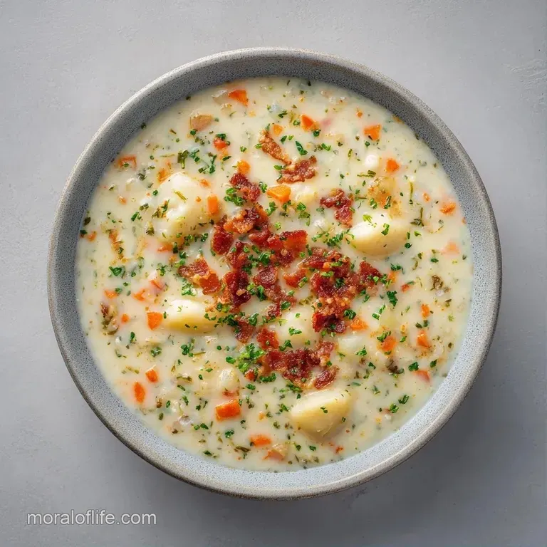 Velvety white soup with tender seafood and potatoes, served in a shallow bowl with a slice of warm sourdough.