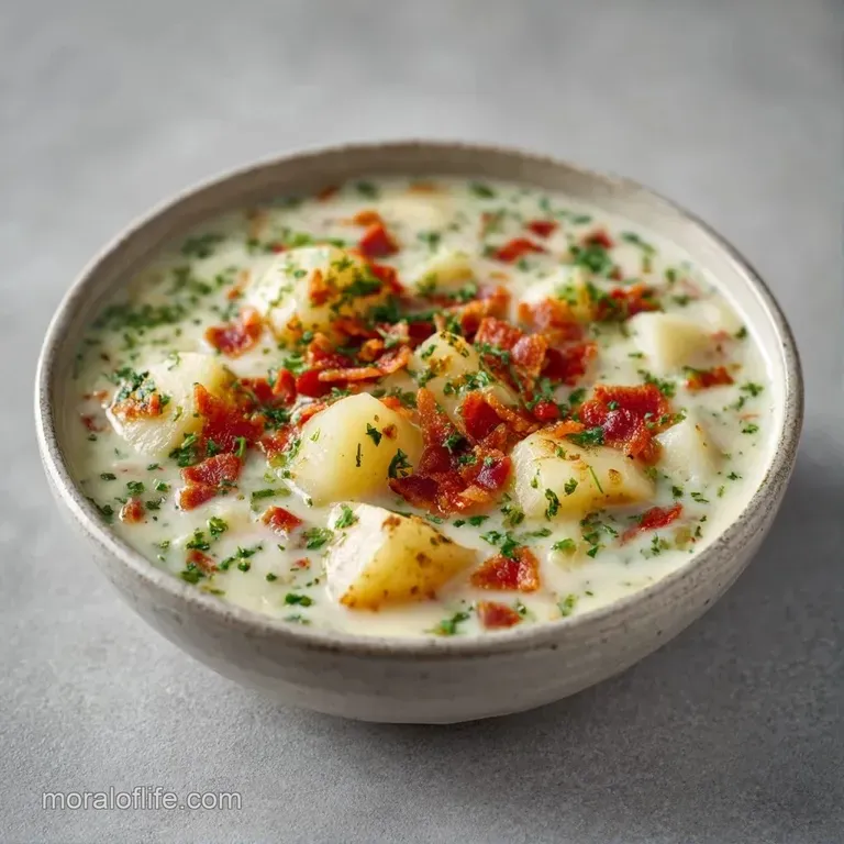 Thick white soup in a bread bowl topped with chopped chives, served with a side of lemon and crusty sourdough.
