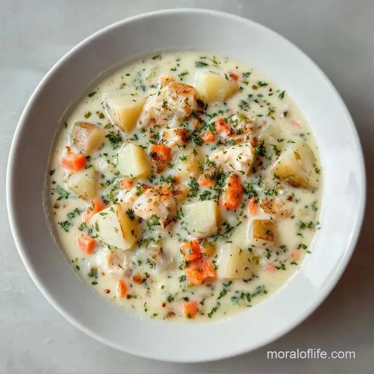 Velvety white seafood soup in a ceramic bowl, paired with toasted sourdough bread on a rustic wooden surface.