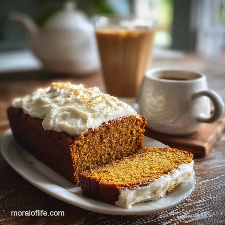 Thick slice of pumpkin cream cheese bread on a plate, showcasing moist texture and swirls of filling. Light dusting of pow...