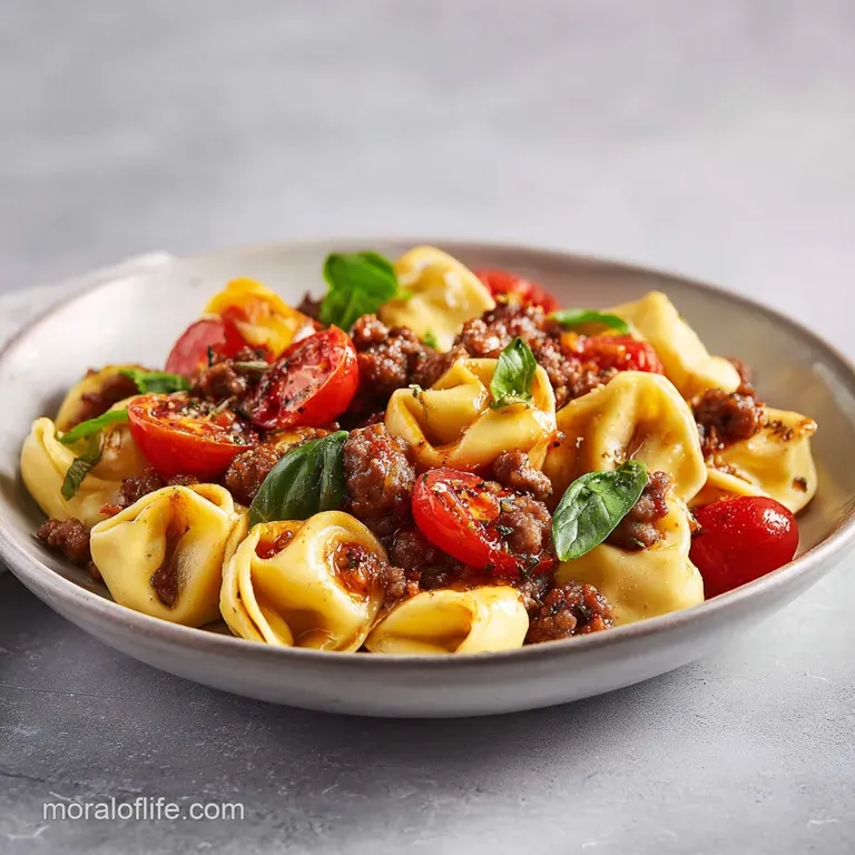 Plated pasta in a velvet-smooth cream sauce, topped with golden sausage bits and a sprig of bright green parsley.