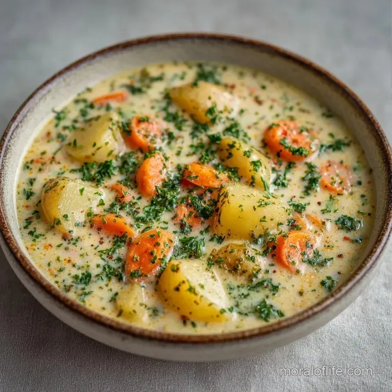 A steaming bowl of creamy white soup garnished with fresh parsley and served with toasted sourdough bread.