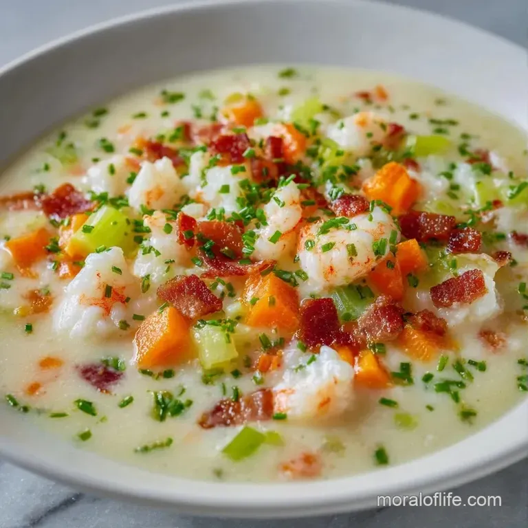 Thick cream-based seafood soup inside a toasted sourdough bread bowl, topped with sliced chives and black pepper.