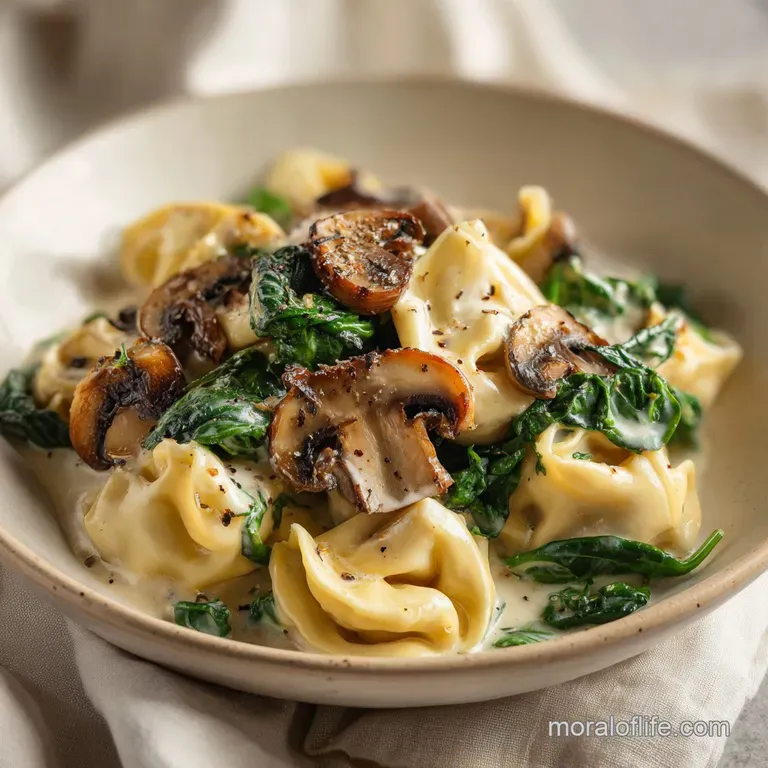 Elegant white bowl of creamy pasta with vibrant green spinach and earthy mushrooms, topped with shaved parmesan.