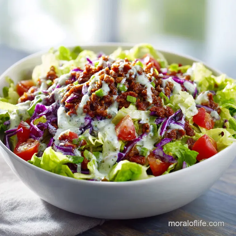 Smooth, pourable dressing cascades over a bed of colorful taco salad ingredients nestled in a clear glass bowl. Bright and...