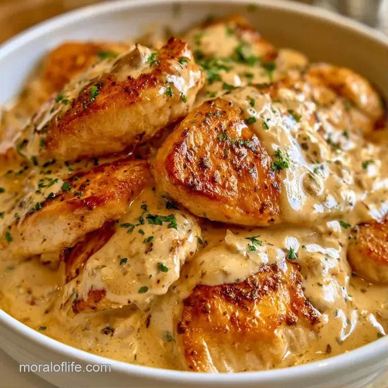 Juicy chicken breasts nestled in a velvety cream sauce with bright spinach and red tomatoes on a white plate.
