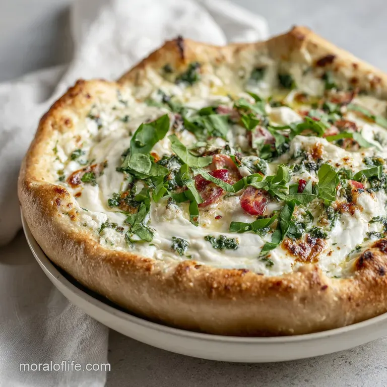 A swirl of rich, white pizza dip, dolloped with ricotta and herbs, served in a rustic bowl beside toasted bread.