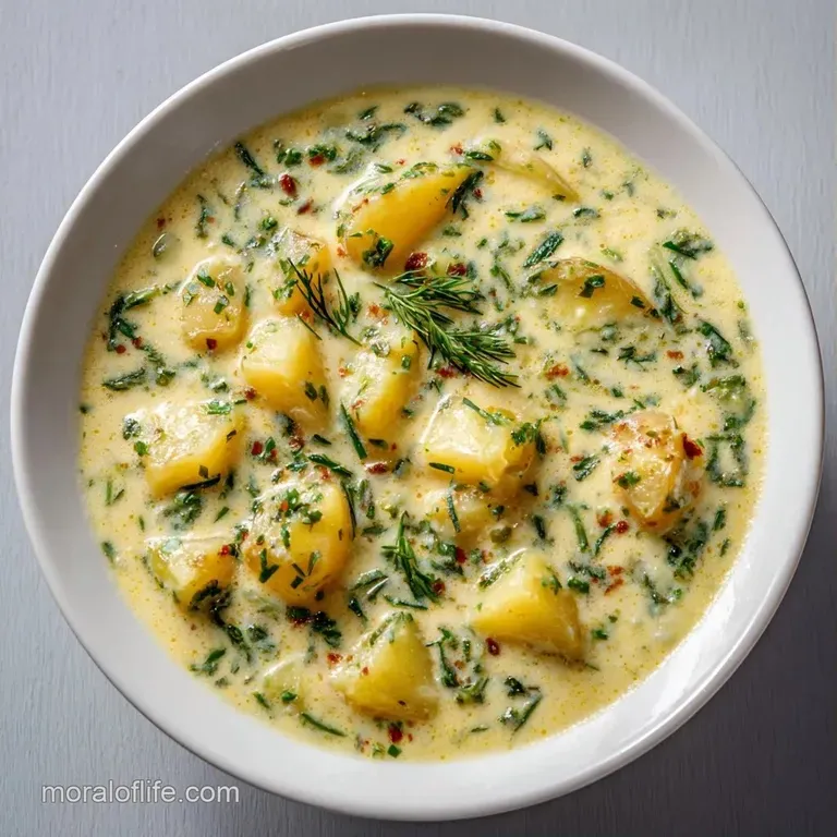 Thick gold-hued potato soup in a modern bowl, garnished with a swirl of heavy cream and freshly cracked black pepper.