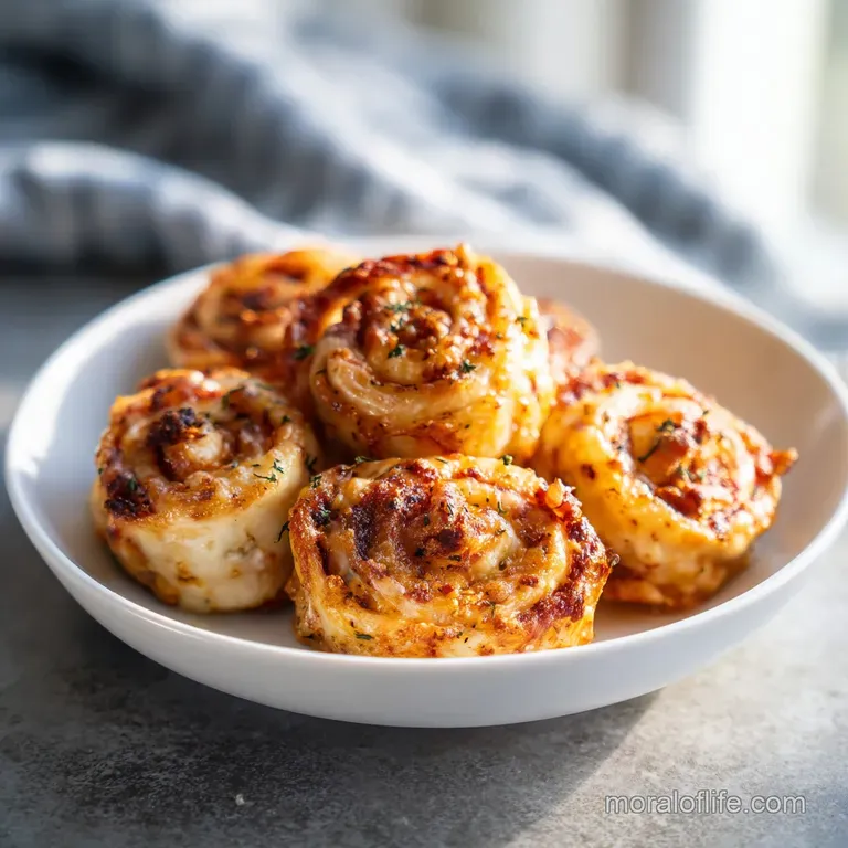 Perfectly arranged pizza rolls on a plate, steam rising, with a vibrant red marinara dipping sauce to the side.