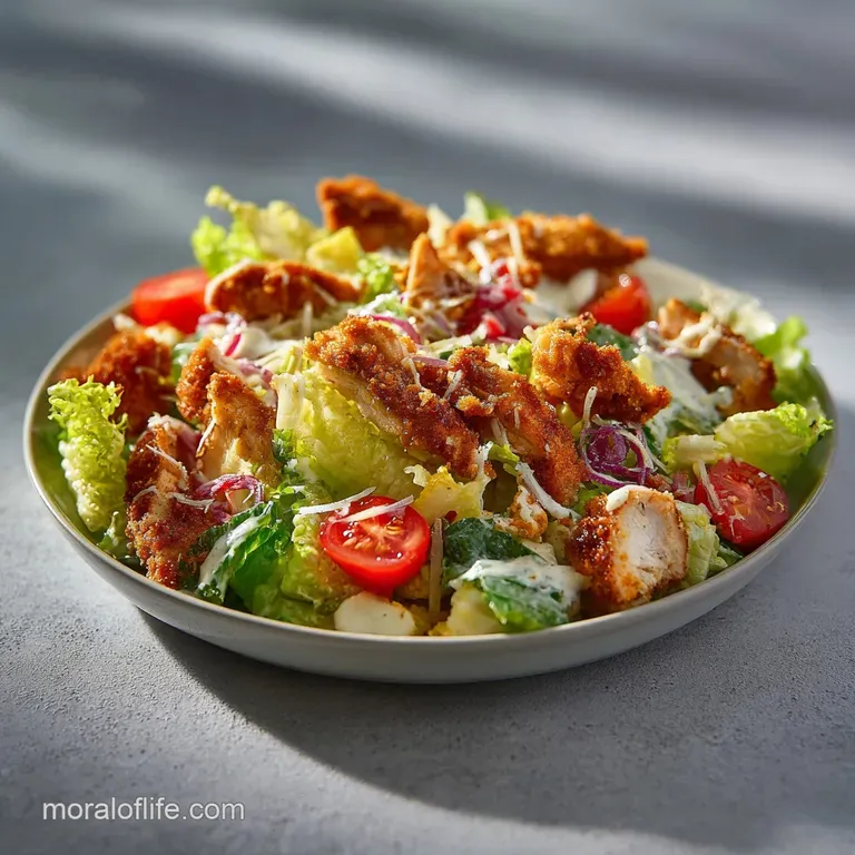 Crisp romaine lettuce topped with juicy chicken, shaved parmesan, and creamy dressing. A plated Caesar, elevated with gold...