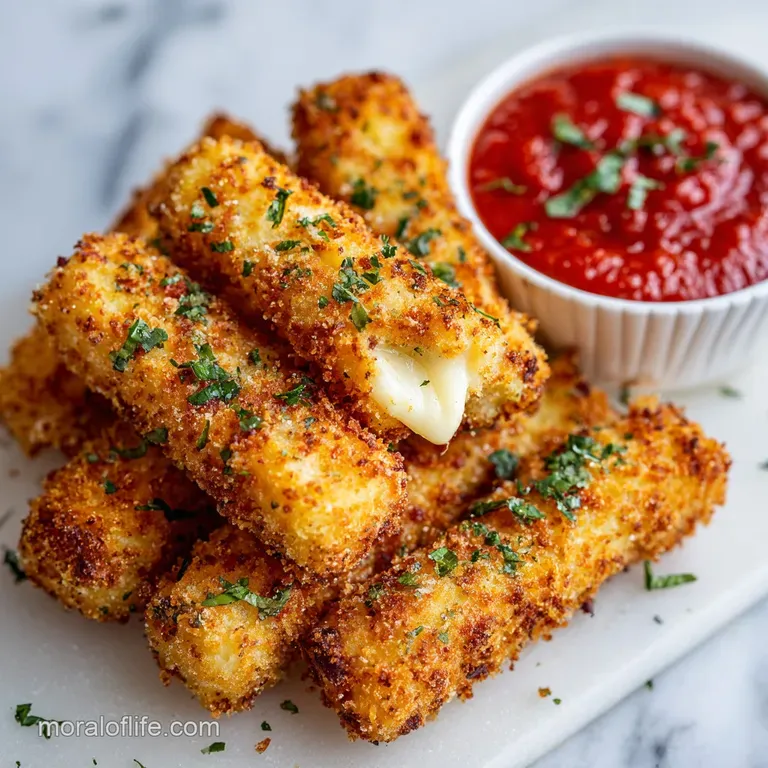 Crispy mozzarella sticks plated with a swirl of marinara; fried golden brown with visible cheese pull, garnished with fres...