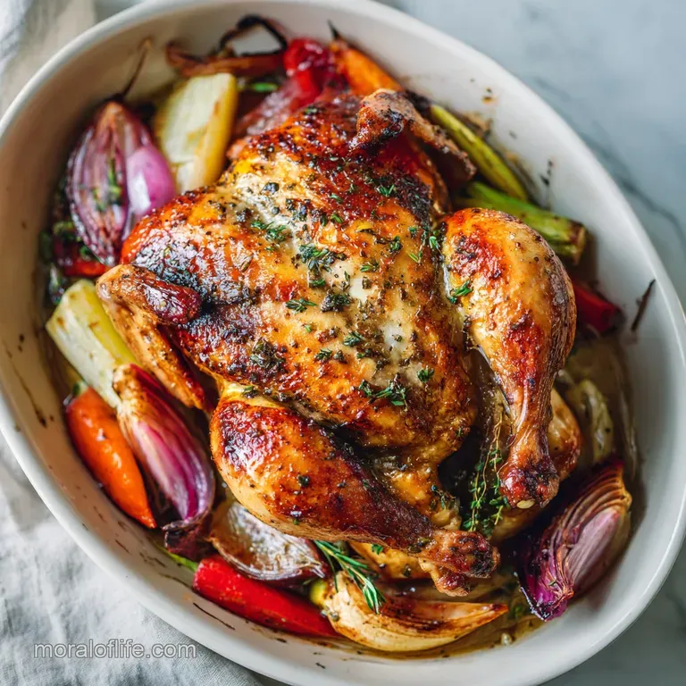 Juicy roasted chicken quarter, vibrant paprika-spiced skin, plated with bright green beans and golden potatoes. Steaming a...