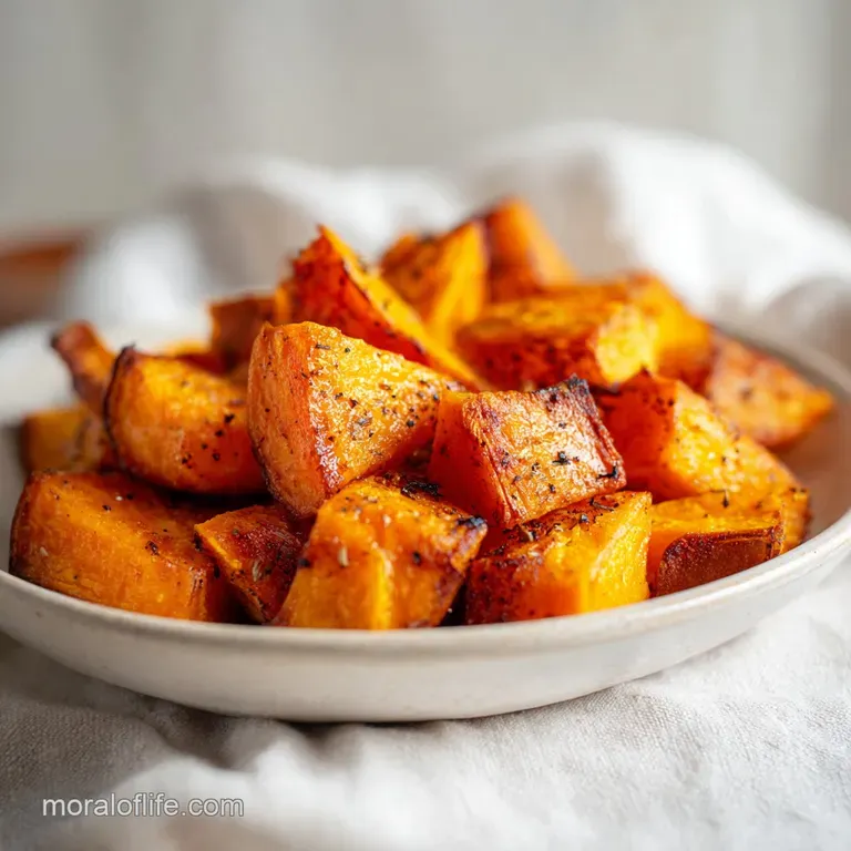 Perfectly roasted sweet potato cubes, lightly browned and glistening, arranged artfully on a white plate.