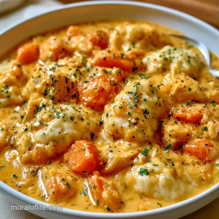 A white ceramic bowl filled with fluffy white dumplings and chunks of tender chicken in a velvety, pale yellow stew.