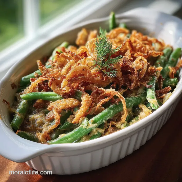 Elegant serving of green bean casserole on a white plate, sprinkled with fresh parsley. Creamy sauce glistening, crunchy o...