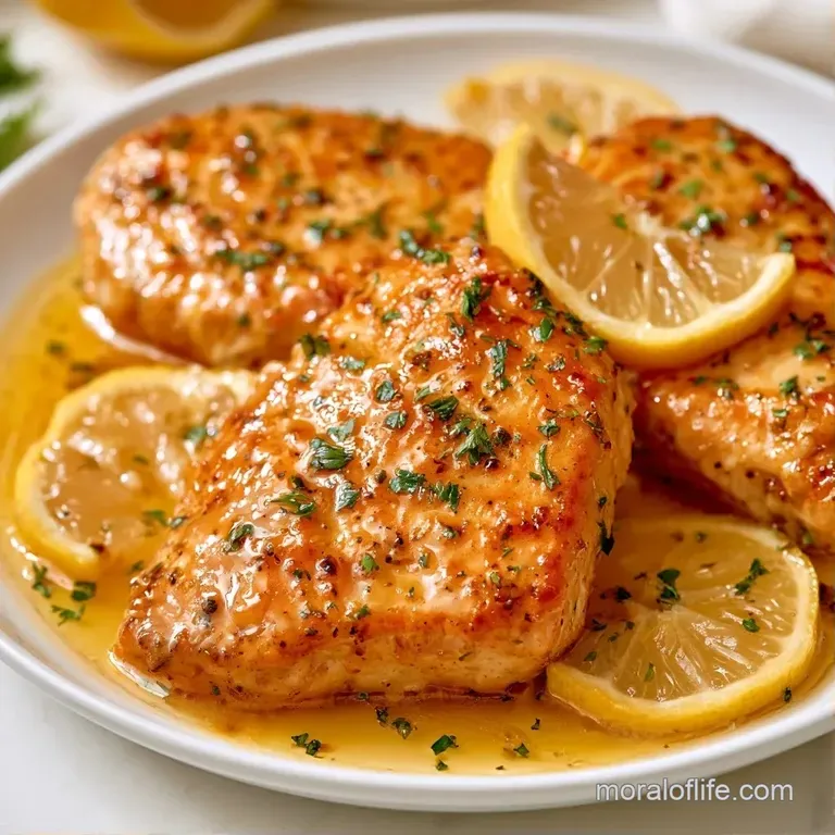 Slices of juicy chicken breast on a white plate, drizzled with lemon sauce and topped with a fresh thyme sprig.