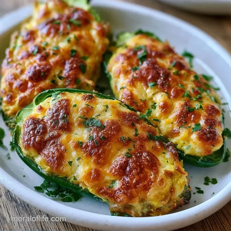 Creamy, yellow-hued stuffed peppers arranged on a white ceramic platter with a small bowl of dip and fresh parsley.