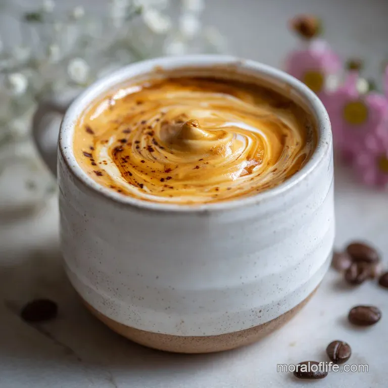 Elegant glass of dalgona coffee with whipped foam artfully layered, powdered cocoa dusting on top, served on a wooden tray.