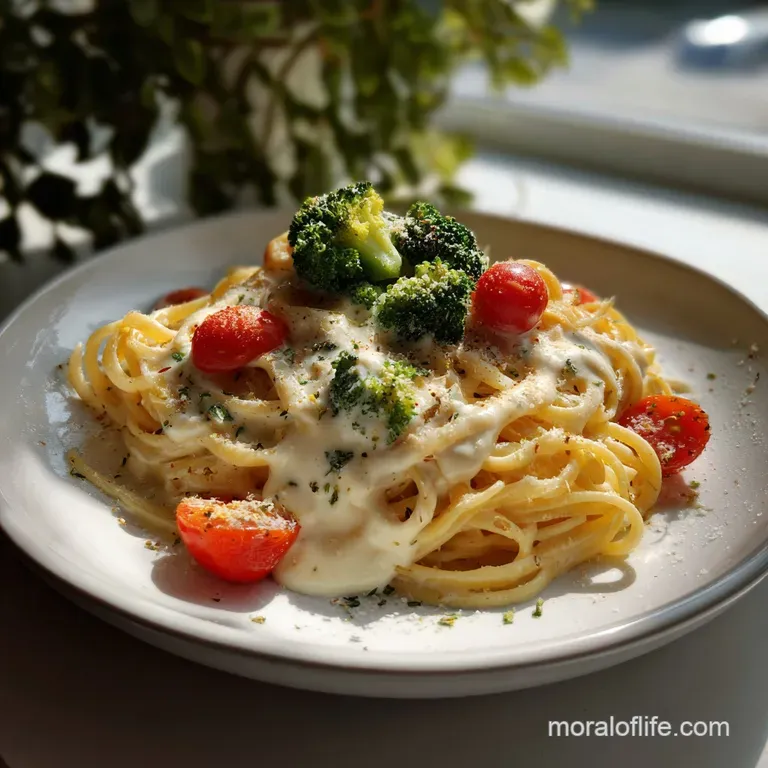Silky Alfredo sauce artfully draped over pasta, served in a shallow white bowl. Garnished with cracked black pepper and a ...