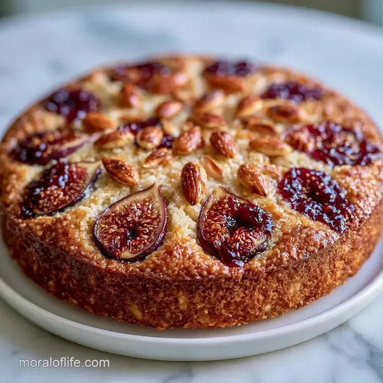 A golden slice of cake on a white ceramic plate, drizzled with clear honey and paired with a fresh berry.