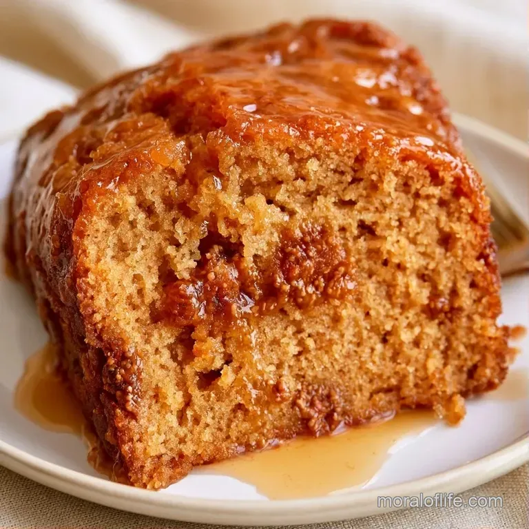 A thick slice of honey-glazed cake on a white ceramic plate, paired with a dollop of cream and a honey drizzle.