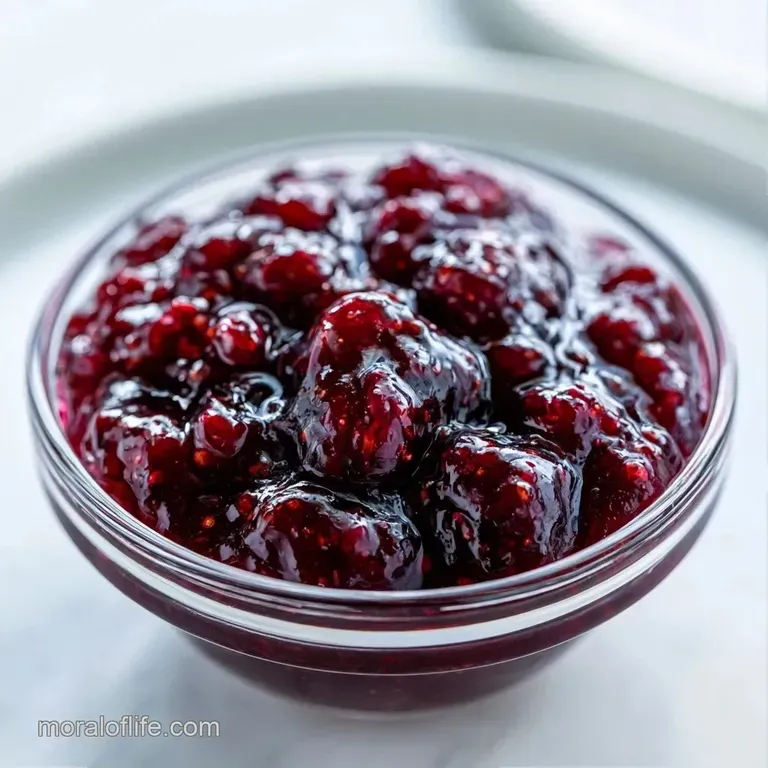 A spoonful of glossy, amber-hued fruit preserves served alongside a toasted baguette and a slice of brie cheese.