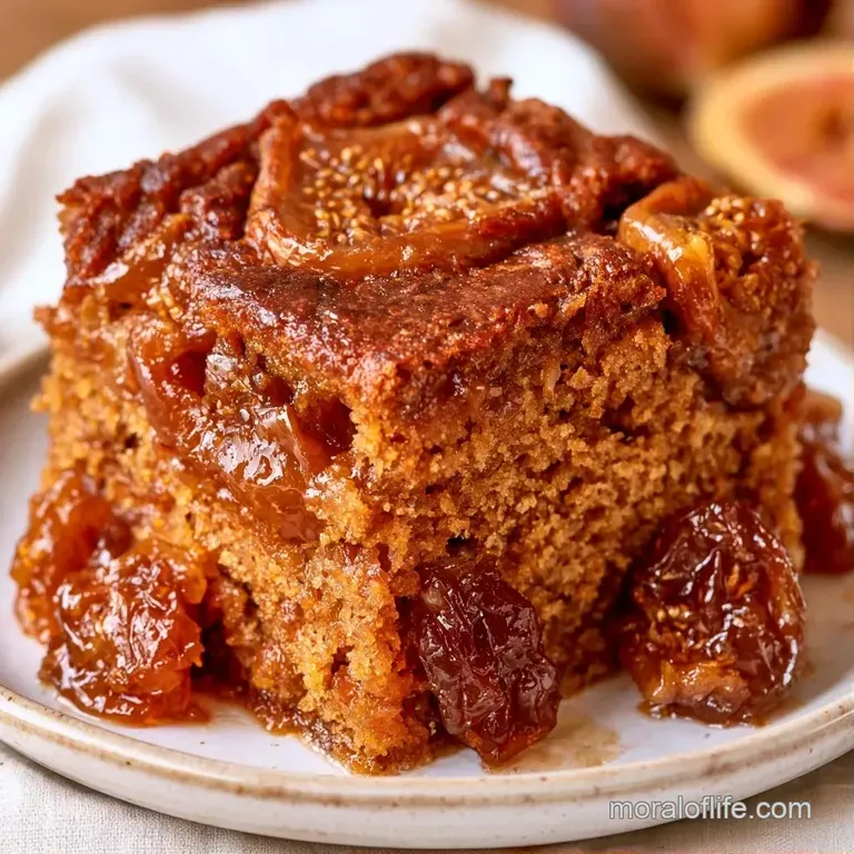 A slender slice of dark spice cake on a white plate, topped with a dollop of cream and a honey drizzle.