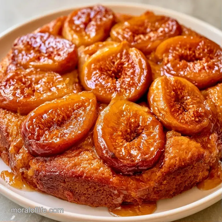 A slice of golden cake topped with glossy, caramelized figs on a white ceramic plate with a dusting of powdered sugar.